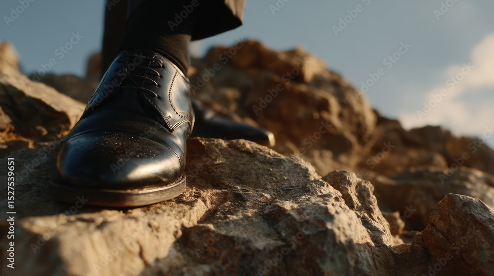 A man is standing on a rock wearing black shoes A man is standing on a rock wearing black shoes