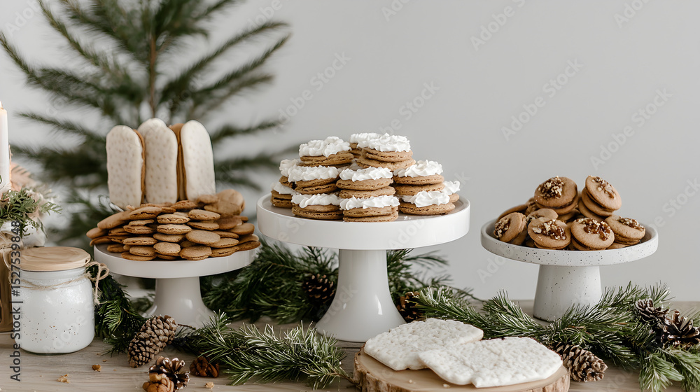 Fototapeta premium A beautifully arranged dessert table featuring various cookies, adorned with greenery and set against a neutral backdrop, perfect for festive celebrations.