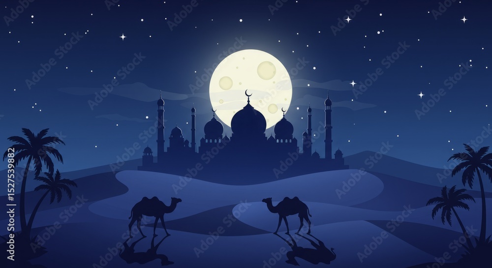 Naklejka premium Desert scenes with camels under starry skies and mosque silhouettes. Cultural, travel, and adventure themes. Realistic, illustrative, and vector styles in vibrant blue and gold hues
