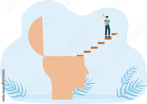 motivation or progress and Personal development or personal growth, self-improvement to develop mindset and knowledge or skills for success, entrepreneur building a ladder growing from his head.