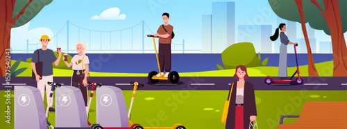 People ride gyroscooter segway and electric scooter in the park, cartoon electric charging station, ecological transport