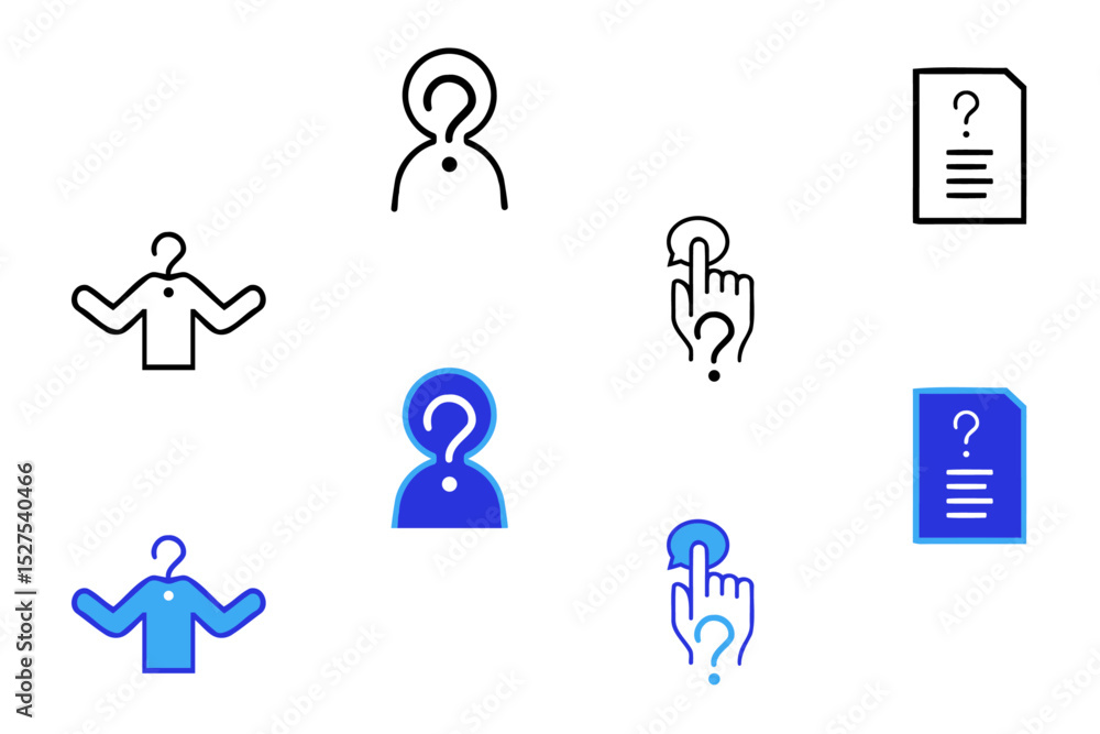 Question related solid and line icon set. Puzzle, confused man, question mark, problem, confusion, asking and questioning and survey symbol icons. Icons vector collection Question related solid and line icon set. Puzzle, confused man, question mark, problem, confusion, asking and questioning and survey symbol icons. Icons vector collection