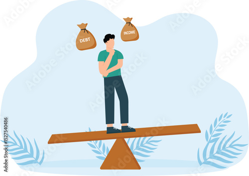 Debt burden and financial obligations or loan repayments. Balance between income and liabilities. Asset or income management. Businessman carrying debt on seesaw. vector illustration.
