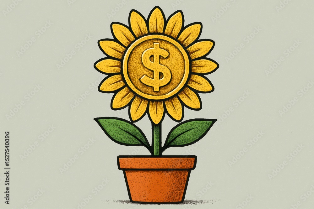 Obraz premium Growing Money Concept Dollar Sign Sunflower in Pot