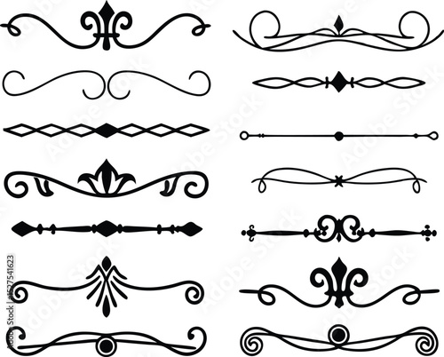 Decorative flourish borders and dividers design elements in elegant black and white illustrations for graphic use