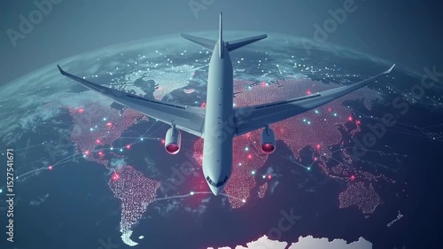 An airplane is navigating over a detailed global map filled with vibrant routes and connections, demonstrating a dynamic view of aviation networks