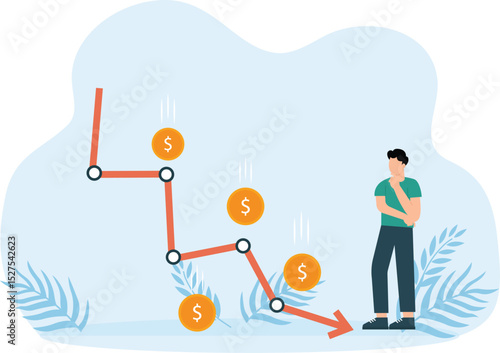 Financial crisis and risky investment strategy, sudden stock market crash and loss of money, devaluation of capital bad economic situation, Businessman broke due to falling arrow chart

