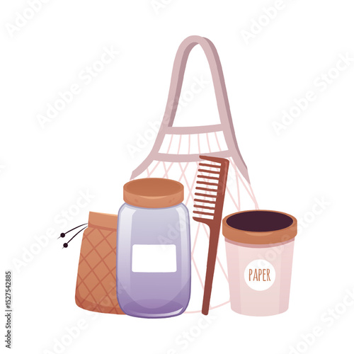 Set of eco-friendly items, mesh bag, comb, glass jar, trash can, cloth pouch.