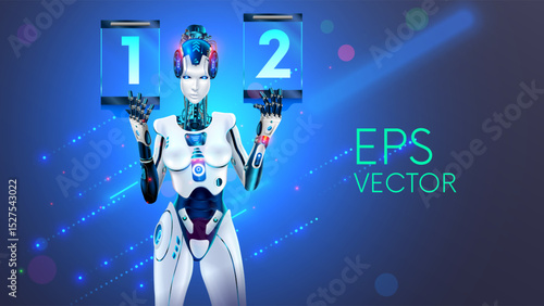 The robot girl holds the competition scoreboard in her hands. A female cyborg ring girl shows the score of an esports match. A beautiful girl with AI announces the results of the competition.