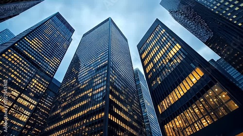 Wallpaper Mural Upward View of Skyscrapers with Illuminated Windows against a Cloudy Blue Sky Torontodigital.ca