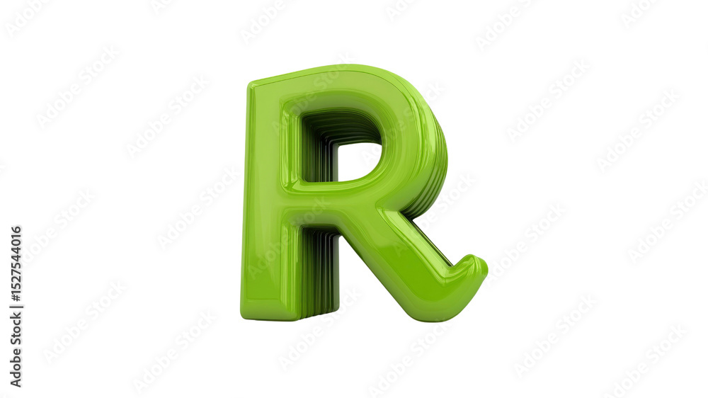 Fototapeta premium 3D Glossy Green Letter R - Alphabetical Font, Isolated on Transparent Background