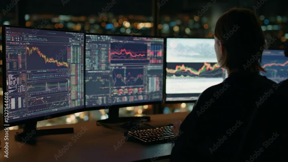 Trader at Night: A focused trader analyzes real-time financial data on multiple monitors against a glittering cityscape backdrop. Trader at Night: A focused trader analyzes real-time financial data on multiple monitors against a glittering cityscape backdrop.