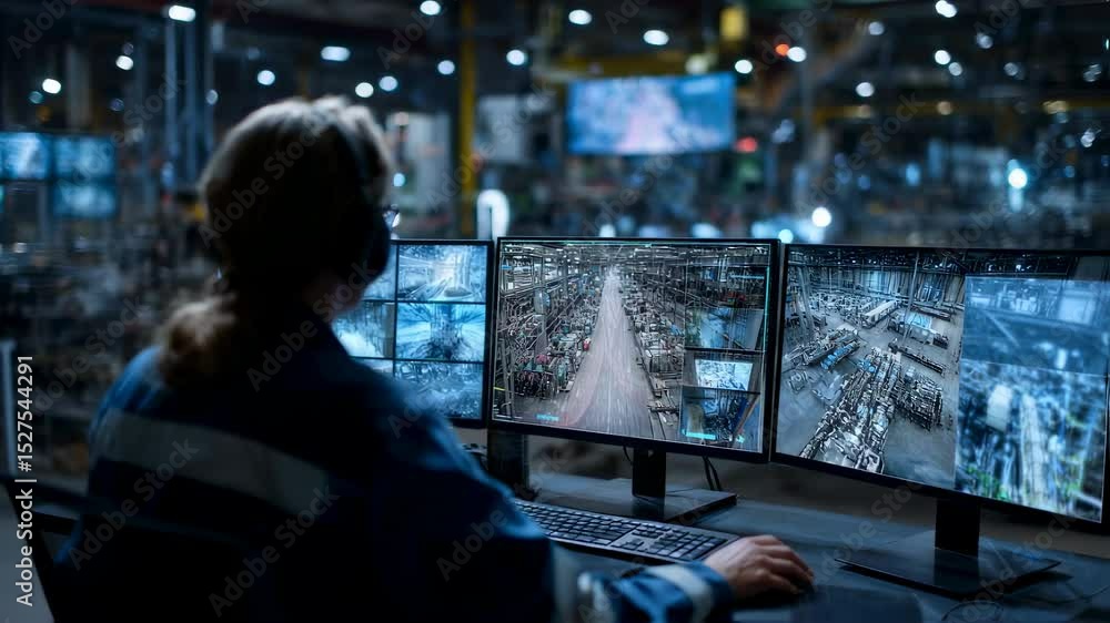 Industrial engineer wearing headset working late at night, controlling ...