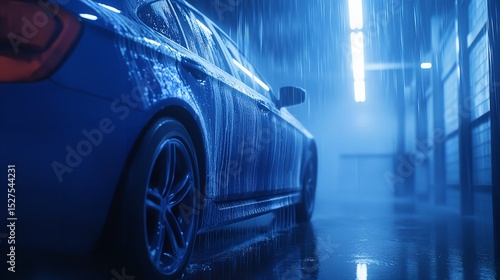 A Blue Car Drives Through a Vibrant Automatic Car Wash Illuminated With Neon Lights, Creating Reflections on the Wet Ground During a Nighttime Wash
