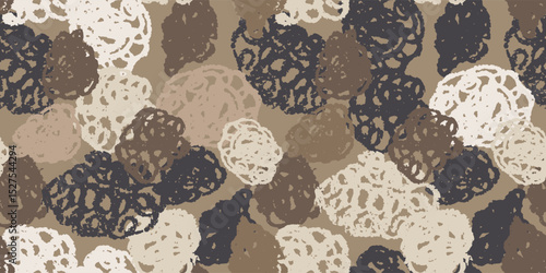 Brown grunge spiral balls background. Camouflage seamless pattern. Camo scribble hatching texture. Doodle hand strokes draws, round dirty spots. Vector wallpaper