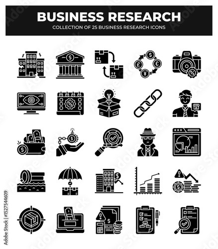 Collection of 25 Business Research Icons: A Visual Guide to Market Analysis and Financial Strategy