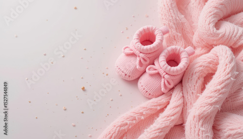 Cozy and Soft Pink Baby Booties on a Light Pink Background Surrounded by a Warm Knitted Blanket