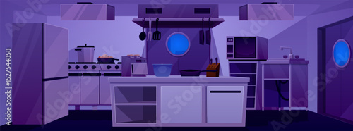 Professional restaurant kitchen interior with stainless equipment and furniture, dark room vector flat illustration
