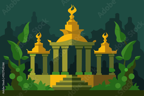 Mysterious Golden Temple Illustration  A Serene Asian Architectural Marvel in Lush Jungle Setting