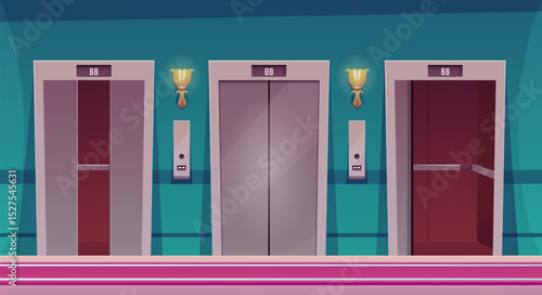 Three elevators with different door opening positions, public lobby interior vector flat illustration, hall and corridor