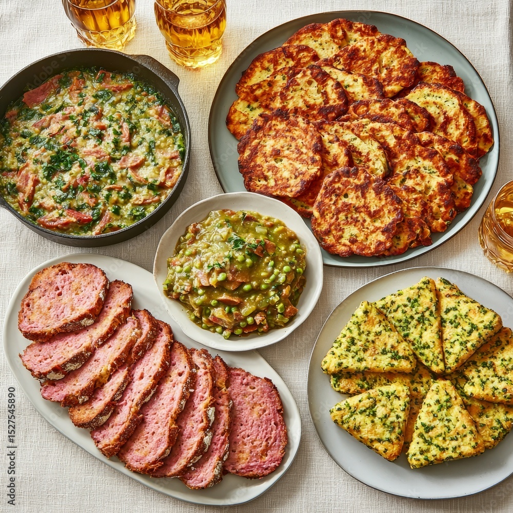 Traditional Irish Food Spread with Soda Bread, Stew, and Savory Baked Dishes Traditional Irish Food Spread with Soda Bread, Stew, and Savory Baked Dishes