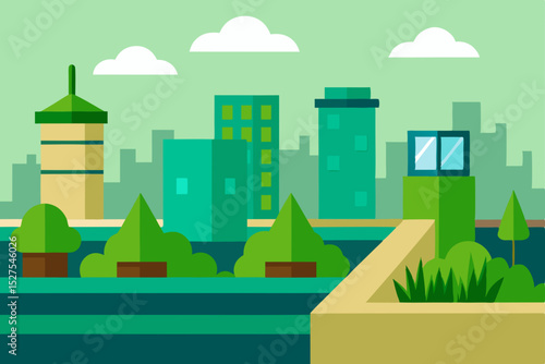 Green Cityscape Urban Oasis Illustration - Modern City with Lush Greenery