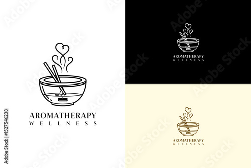 bowl diffuser with oil and two wooden sticks illustration, vector logo for essential oil, skincare, beauty brand, fitness, herbal cosmetics, natural oil, aromatherapy wellness, and more