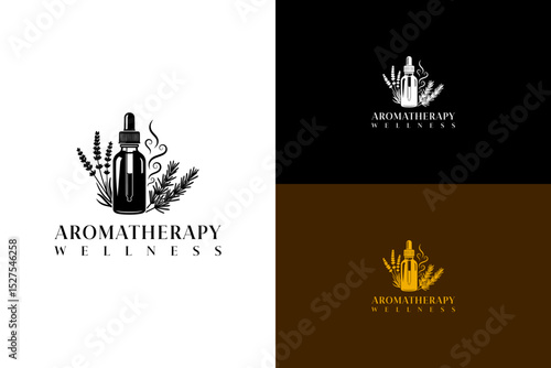 vector illustration of dropper bottle with lavender and rosemary, logo for essential oil, mindfulness, beauty products, herbal cosmetics, scent, organic, aromatherapy wellness, fitness, and more