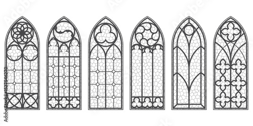 Gothic church window frames with medieval pattern. Stained glass cathedral arches. Vintage catholic architecture shapes on white background. Renaissance outline decorations. Vector