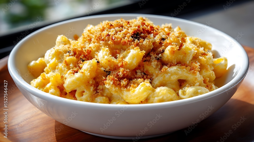 Baked Macaroni and Cheese with Crispy Breadcrumbs in a White Bowl Baked Macaroni and Cheese with Crispy Breadcrumbs in a White Bowl