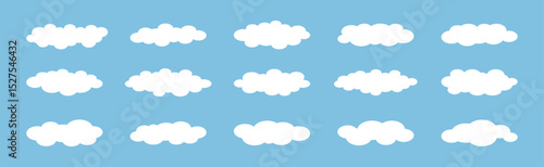 Clouds icons set. Minimalist Comic weather Objects cloudscape for game. Flat white simple cloudy abstract shapes. Puffy, fluffy and cumulus elements in blue sky. Vector text border collection