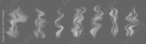 Hot food Steam, cigarette Vapor. Mist wavy cloud set. Smoke from coffee cup. Set of vector icons isolated. Realistic smoky cloud