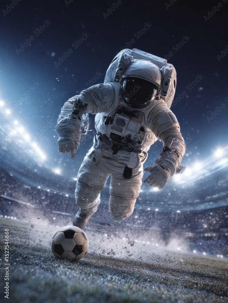 Fototapeta premium A man in a spacesuit is kicking a soccer ball