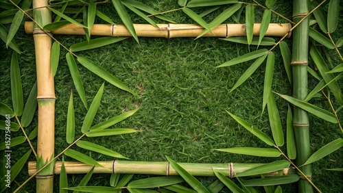 Top view of bamboo frame with green leaves on fresh grass background. Natural eco border design, perfect for tropical themes, organic products, and nature-related concepts.
