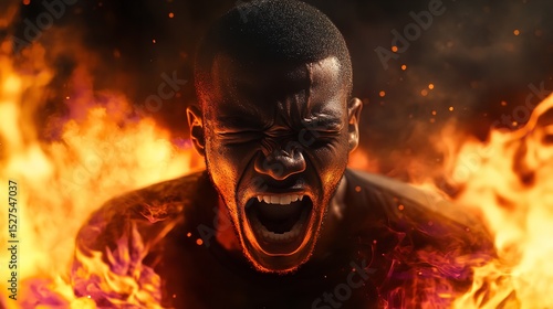 A young man , screaming with rage, surrounded by intense flames, symbolizing anger and frustration in a dramatic scene