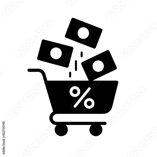  Shopping cart with money and percent symbolizing profitable deal – solid black icon
