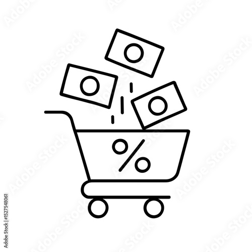 Shopping cart with money and percent symbolizing profitable deal – outline icon
