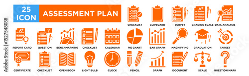 Assessment plan icon collection set. Checklist, Clipboard, Survey, Grading Scale, Data Analysis