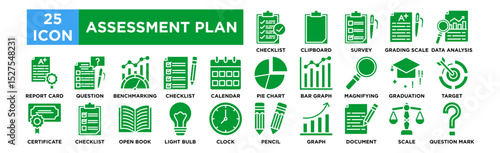 Assessment plan icon collection set. Checklist, Clipboard, Survey, Grading Scale, Data Analysis