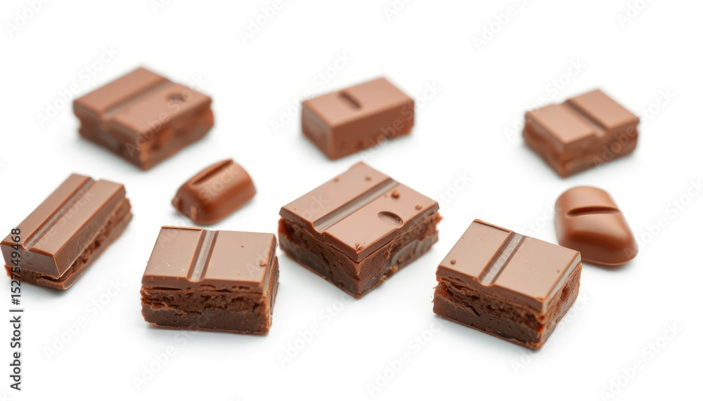 Delicious Milk Chocolate Squares and Blocks Arranged on a White Background with a Visually Appealing Composition Delicious Milk Chocolate Squares and Blocks Arranged on a White Background with a Visually Appealing Composition