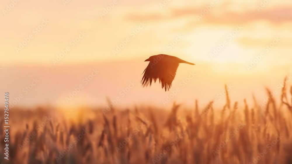 Sunset light over a golden wheat field with a black bird flying above. Warm, peaceful atmosphere capturing nature’s calm and beauty.