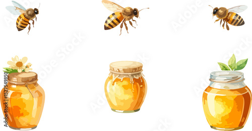 Vector illustration of golden honey and honeycomb in glass bottle, isolated on white.
