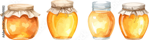 Vector illustration of golden honey and honeycomb in glass bottle, isolated on white.
