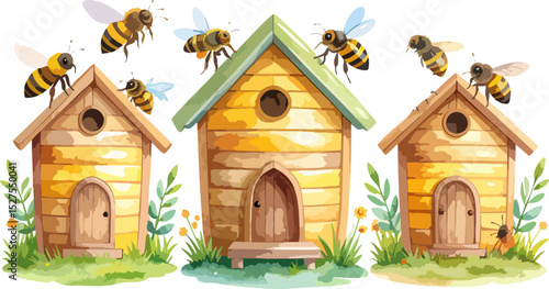 Vector illustration of cute flying bee illustration with yellow flower and honeycomb.