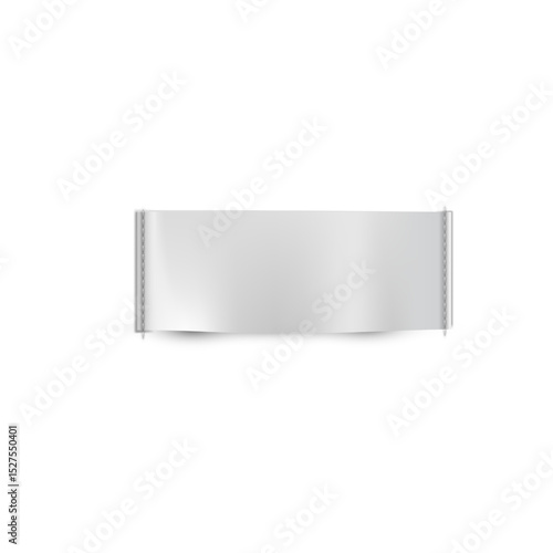 White textile sewn label, vector realistic cloth fabric rectangle tag, badge mockup, fashion sticker for information