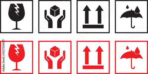 sticker fragile handle with care, red fragile warning label with broken glass symbol, this side up sign, keep dry and avoid liquid sign. packaging sign