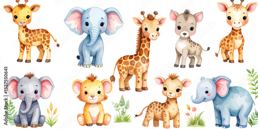 Fototapeta premium Funny cartoon wild safari animals collection with cute baby giraffe, lion, elephant, and zebra vector illustration