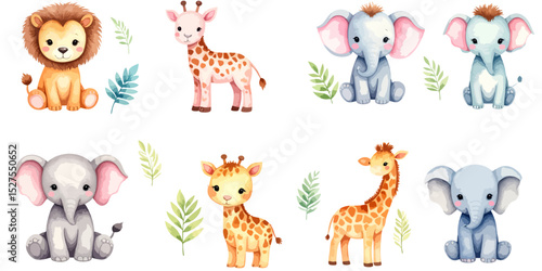 Funny cartoon wild safari animals collection with cute baby giraffe, lion, elephant, and zebra vector illustration