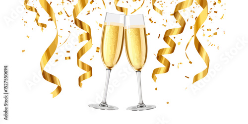 Two glasses of bubbly champagne flutes isolated on white, ready for a celebration toast
