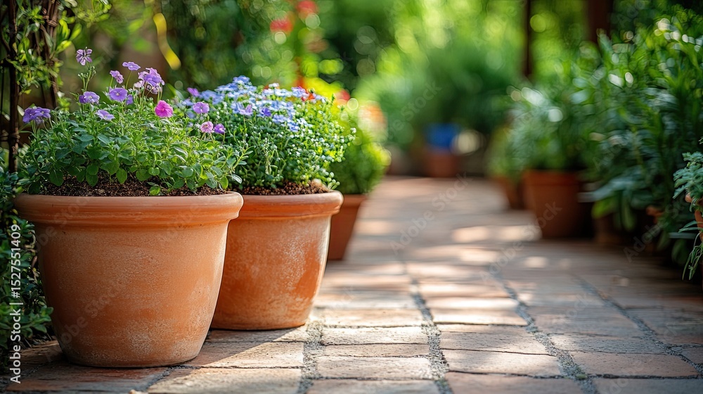 Potted plants with rich soil on a patio surrounded by greenery, highlighting eco-friendly outdoor design. Potted plants with rich soil on a patio surrounded by greenery, highlighting eco-friendly outdoor design.
